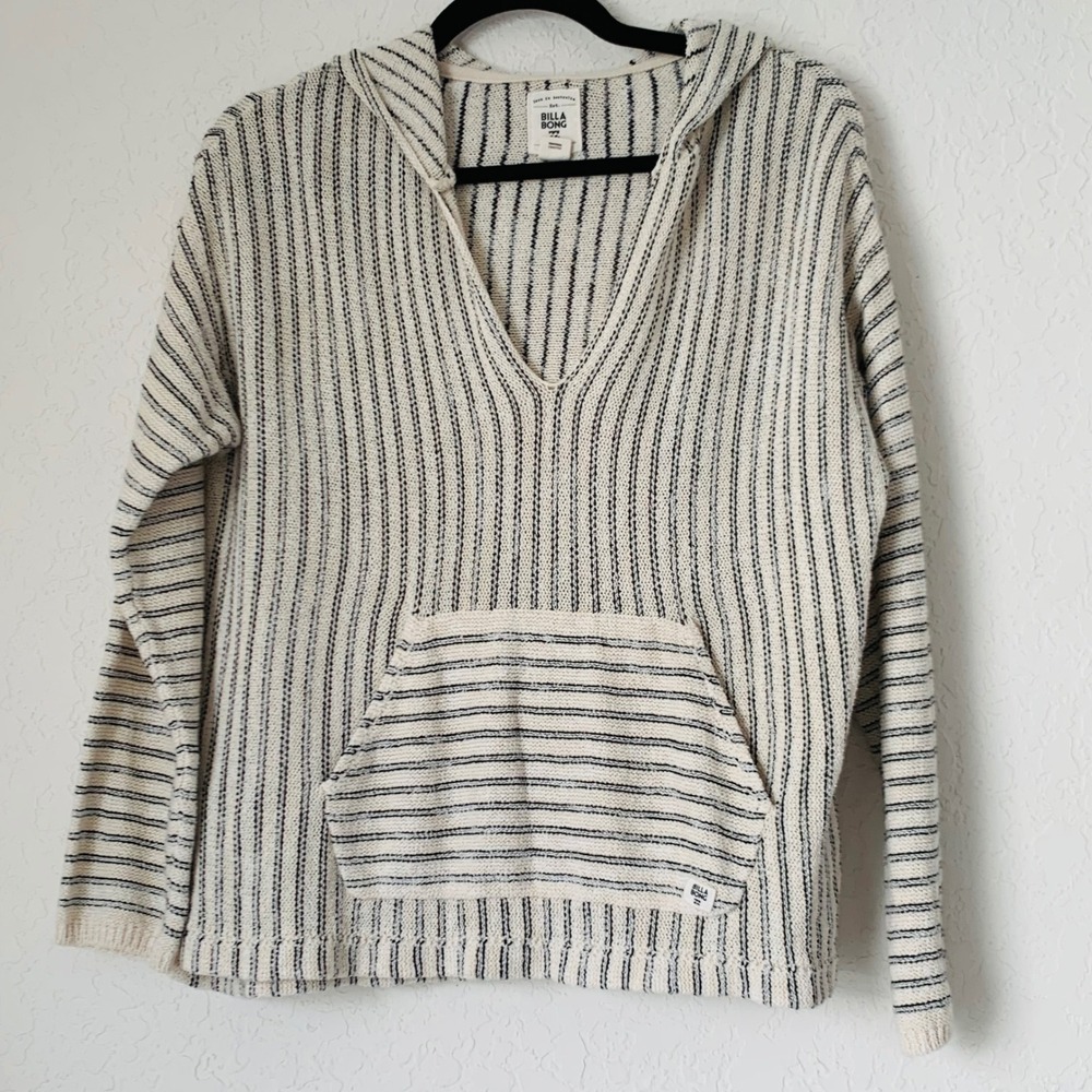 Billabong Baja Hoodie Women M Cream Striped Knit Coastal Beachy Resortwear
